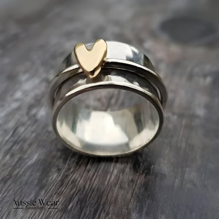 Golden Heart Silver Ring