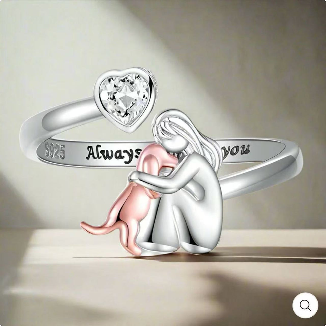 Handcrafted Silver Dog Ring with Heart-Shaped Zirconia – Adjustable Fit