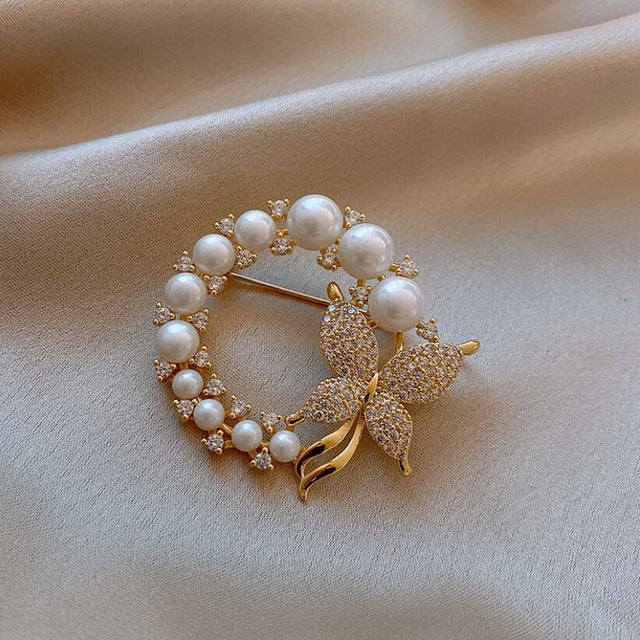 Natalie™ Vintage Butterfly Brooch with Pearls and Diamonds in Gold