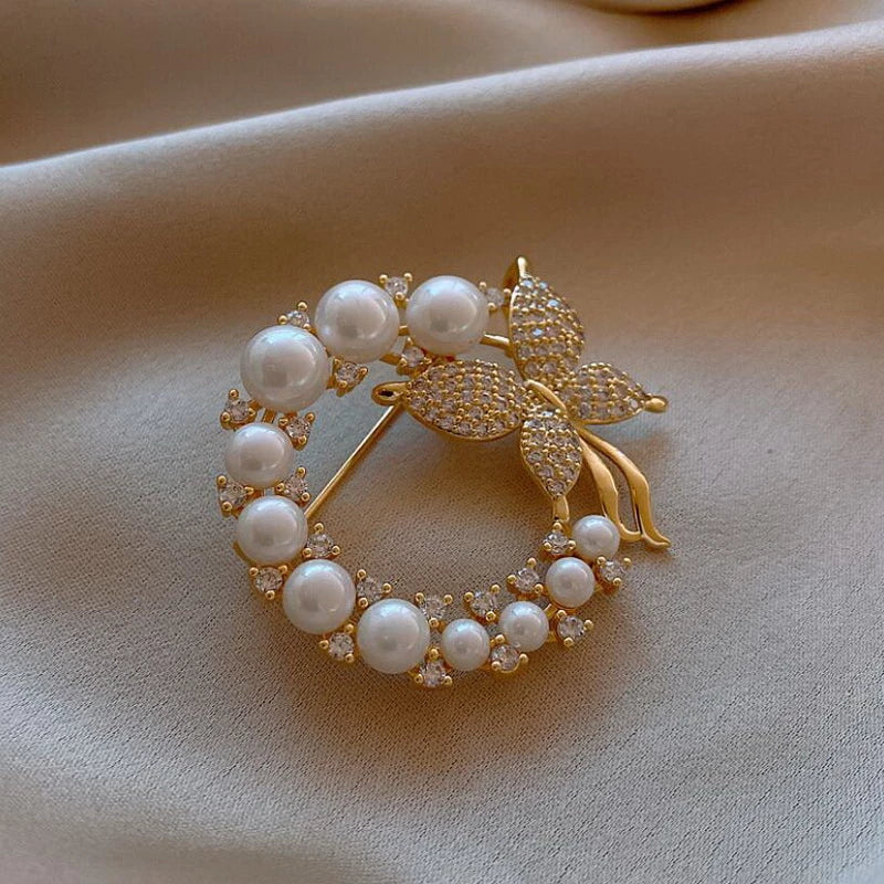 Natalie™ Vintage Butterfly Brooch with Pearls and Diamonds in Gold