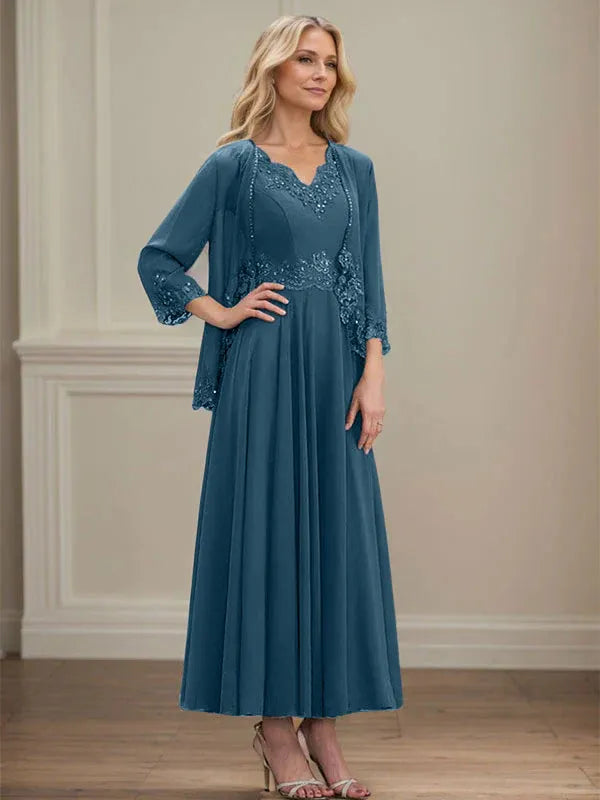Danielle™ A-Line Chiffon Dress with Sequins & Lace