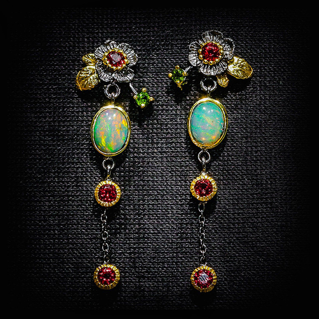 Alyssa™ Boho Earrings with Opal and Red Zirconia