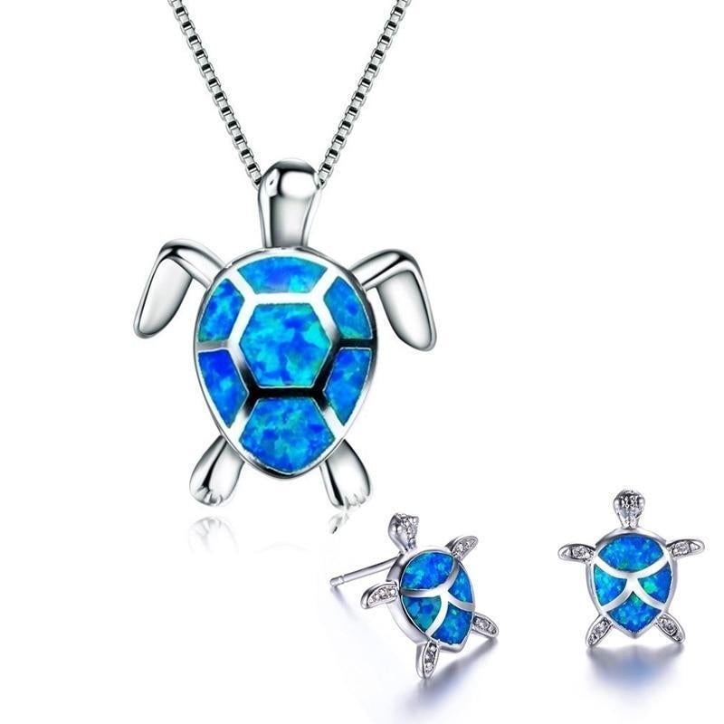 Maggie™ Sea Turtle Necklace + Earrings Set in Opal and Silver