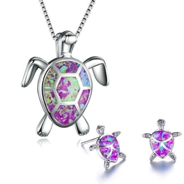 Maggie™ Sea Turtle Necklace + Earrings Set in Opal and Silver