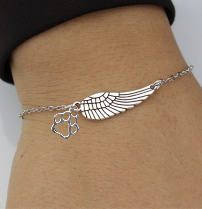 Handmade Silver Memorial Bracelet featuring Angel Wing and Paw Print