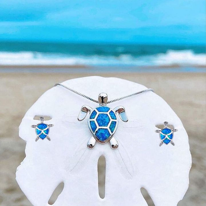 Maggie™ Sea Turtle Necklace + Earrings Set in Opal and Silver
