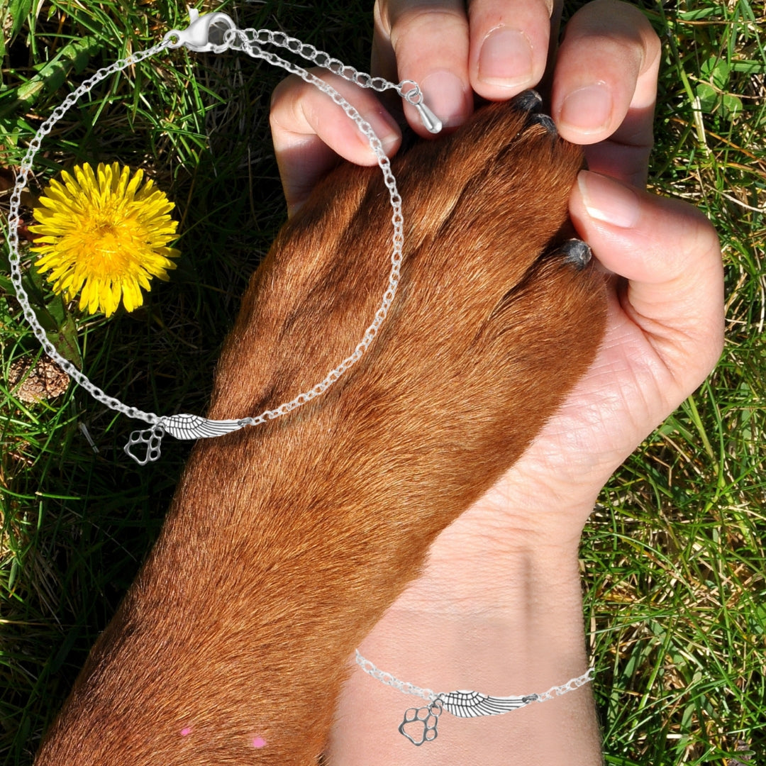 Handmade Silver Memorial Bracelet featuring Angel Wing and Paw Print