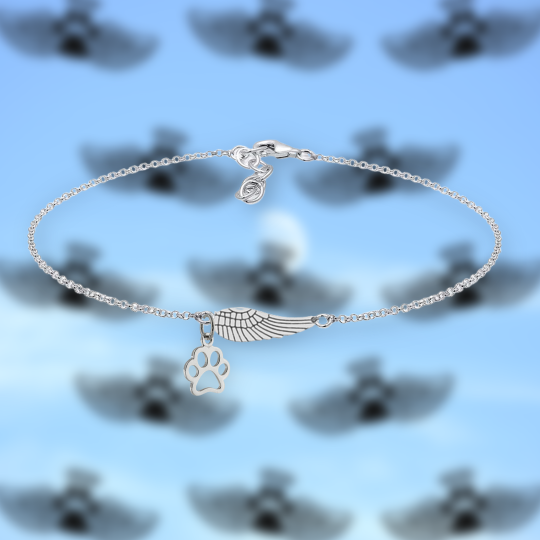Handmade Silver Memorial Bracelet featuring Angel Wing and Paw Print