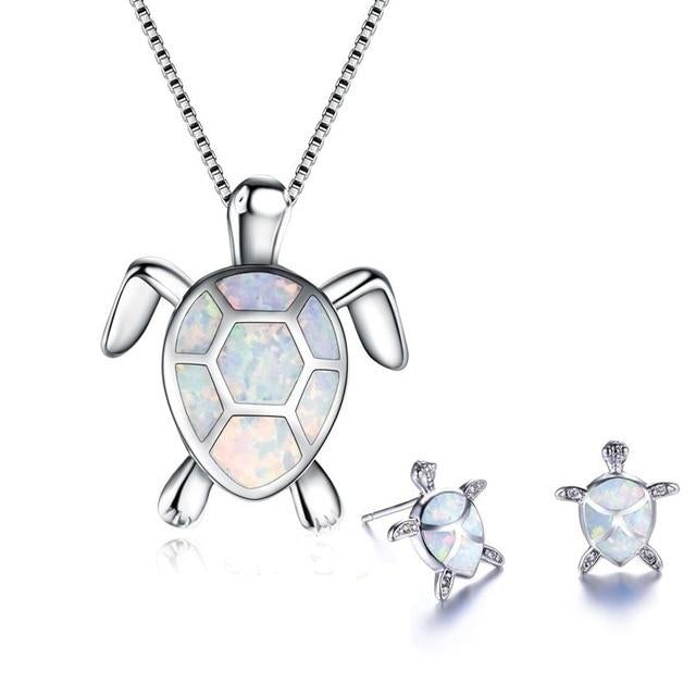 Maggie™ Sea Turtle Necklace + Earrings Set in Opal and Silver