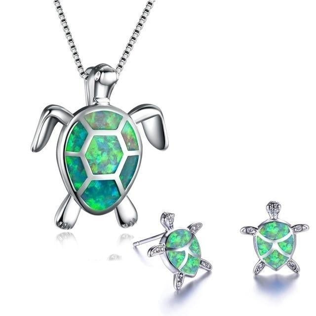Maggie™ Sea Turtle Necklace + Earrings Set in Opal and Silver