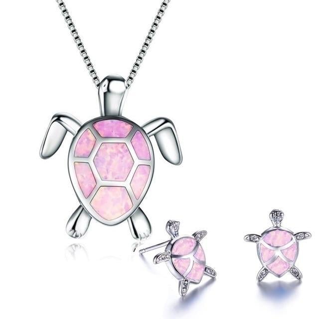 Maggie™ Sea Turtle Necklace + Earrings Set in Opal and Silver